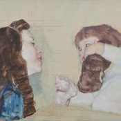 Oil Painting of mother and child holding teddy bear