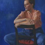 A painting of a lady in blue trousers and a pink satin blouse against a deep blue drape.