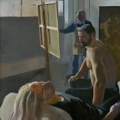 Oil painting of a shirtless man leaning over a reclined woman and a painter in the background.