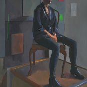 A painting of a woman sitting in a chair, with colourful squares behind her.
